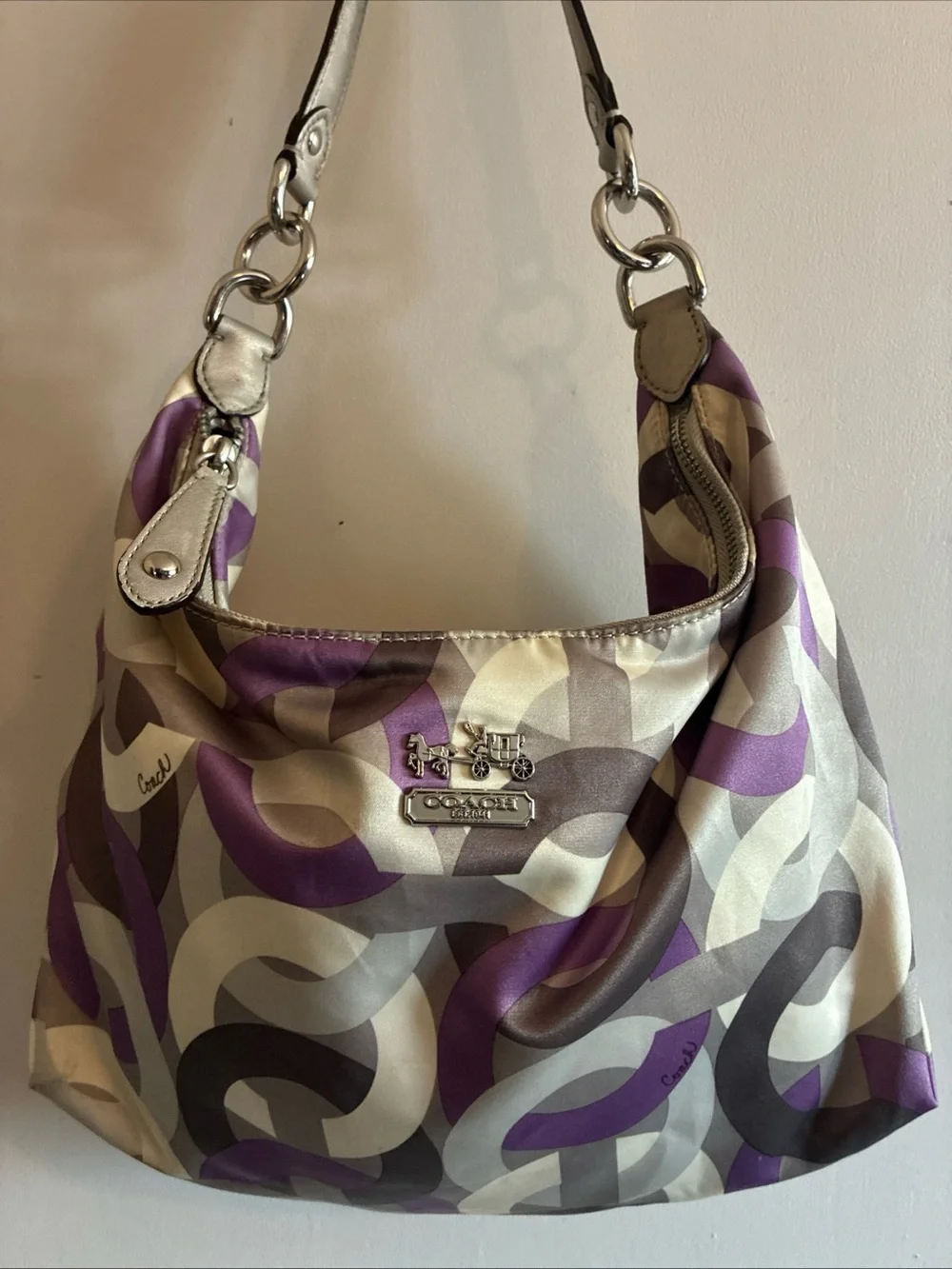 Authentic Coach-Madison Op-Art Sateen Hailey Hobo Bag Purp Gry Crm 14291 Y2K